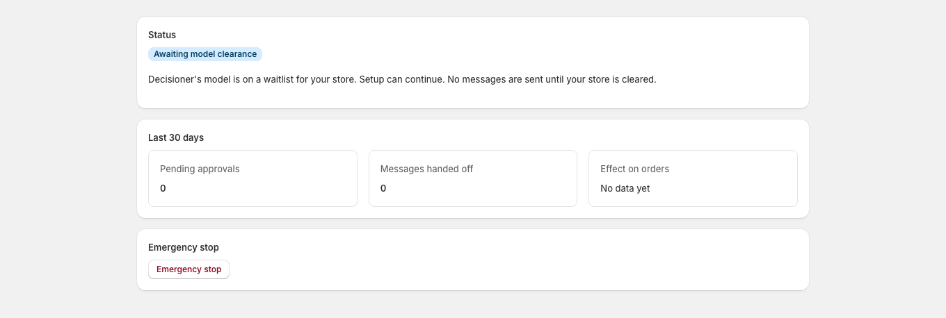 Home shows that the model is on a waitlist for the store, so setup can continue but no messages are sent until the store is cleared.