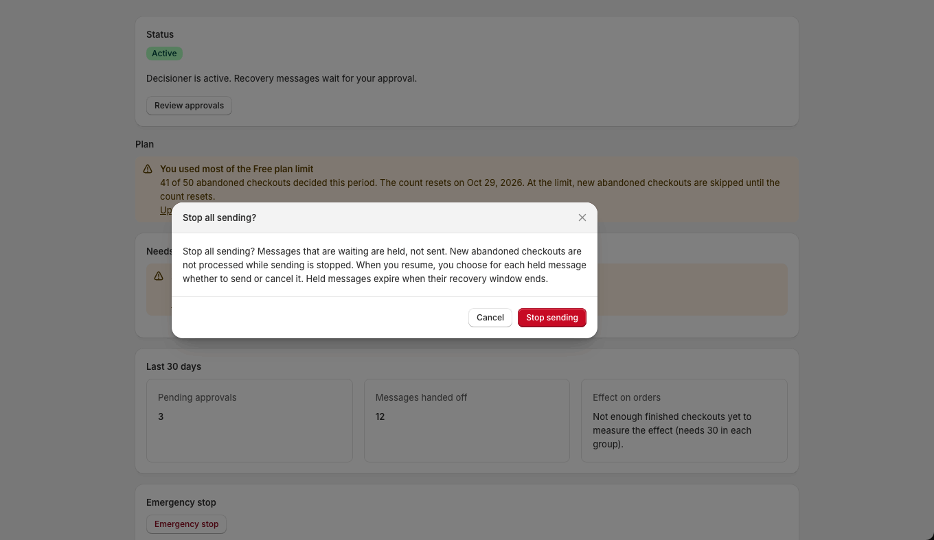 Clicking Emergency stop opens a confirmation that explains waiting messages are held, not sent, until the merchant resumes and decides on each one.