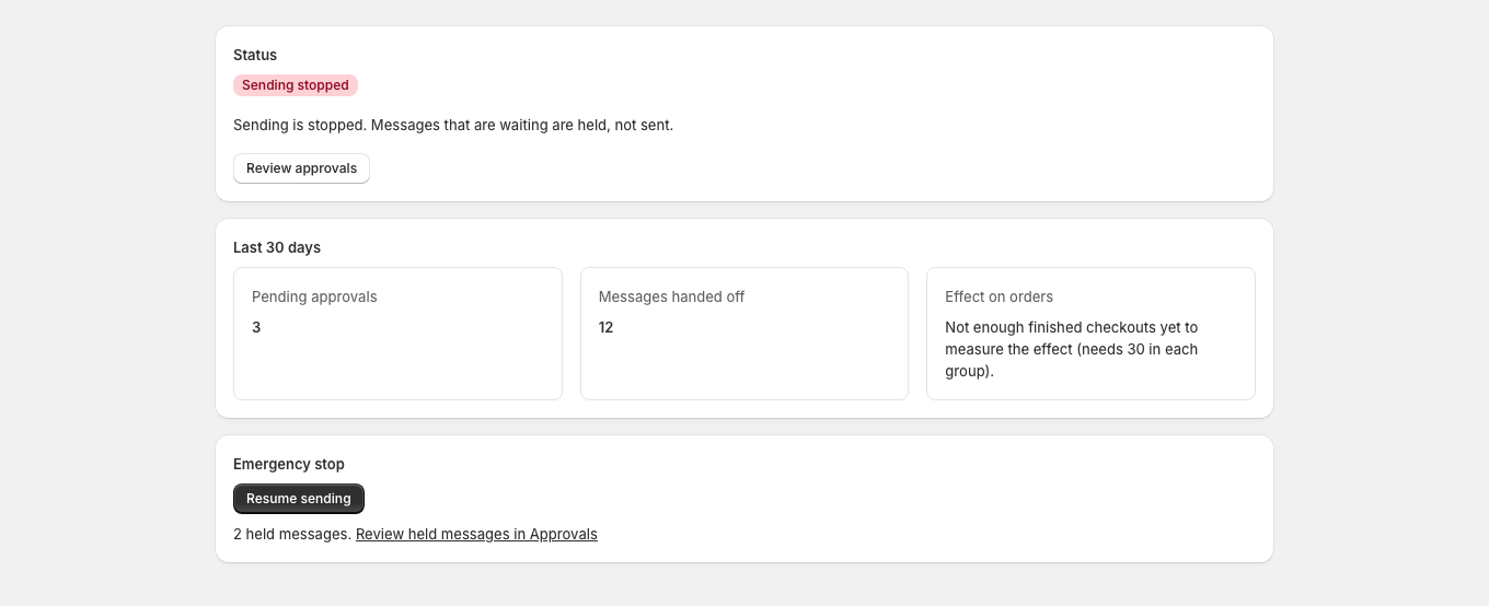 While sending is stopped, Home shows a Sending stopped badge, the number of held messages and a Resume sending button.
