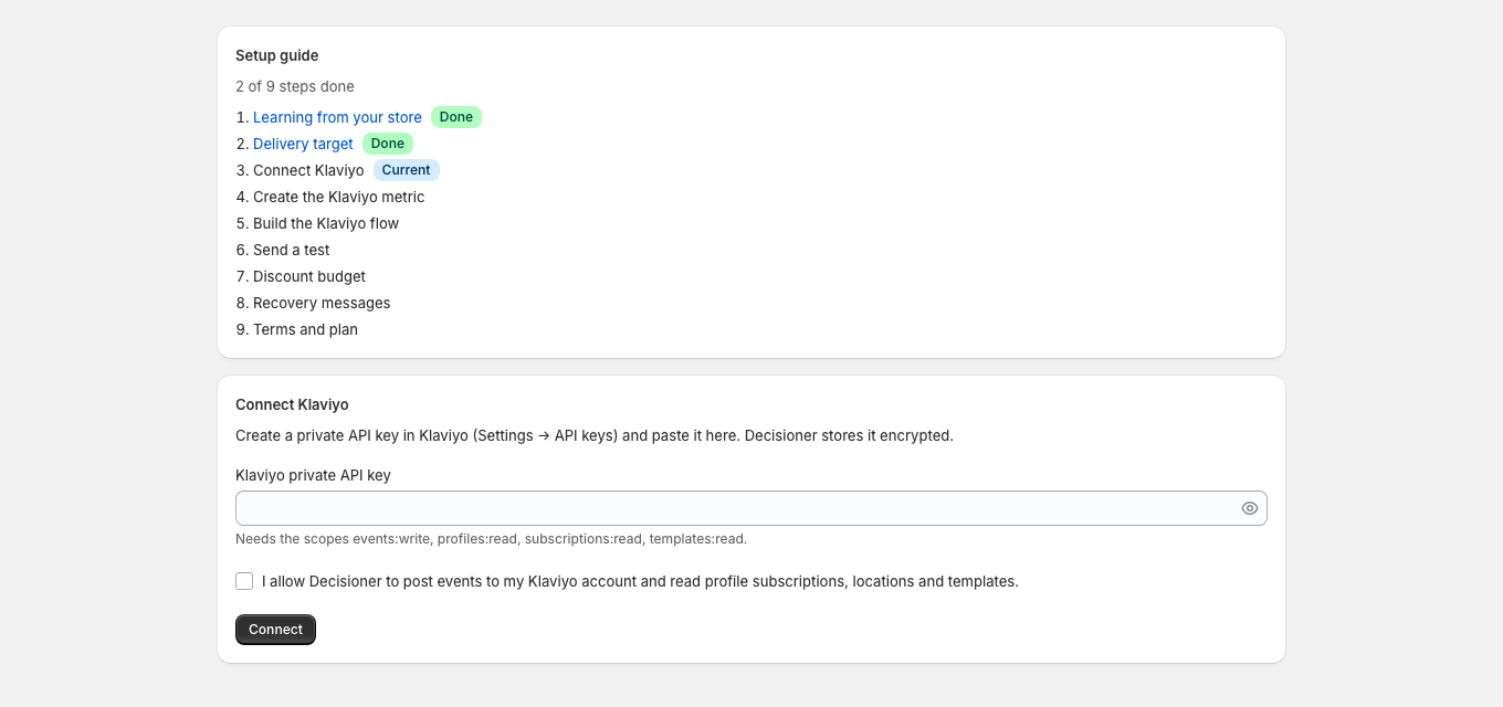 The merchant pastes a private Klaviyo API key, allows Decisioner to post events and connects the account.