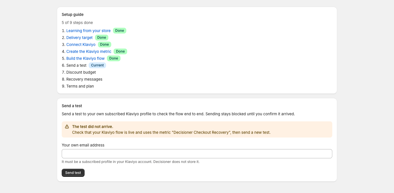 When the test email did not arrive, the step explains what to check in Klaviyo and lets the merchant send a new test.