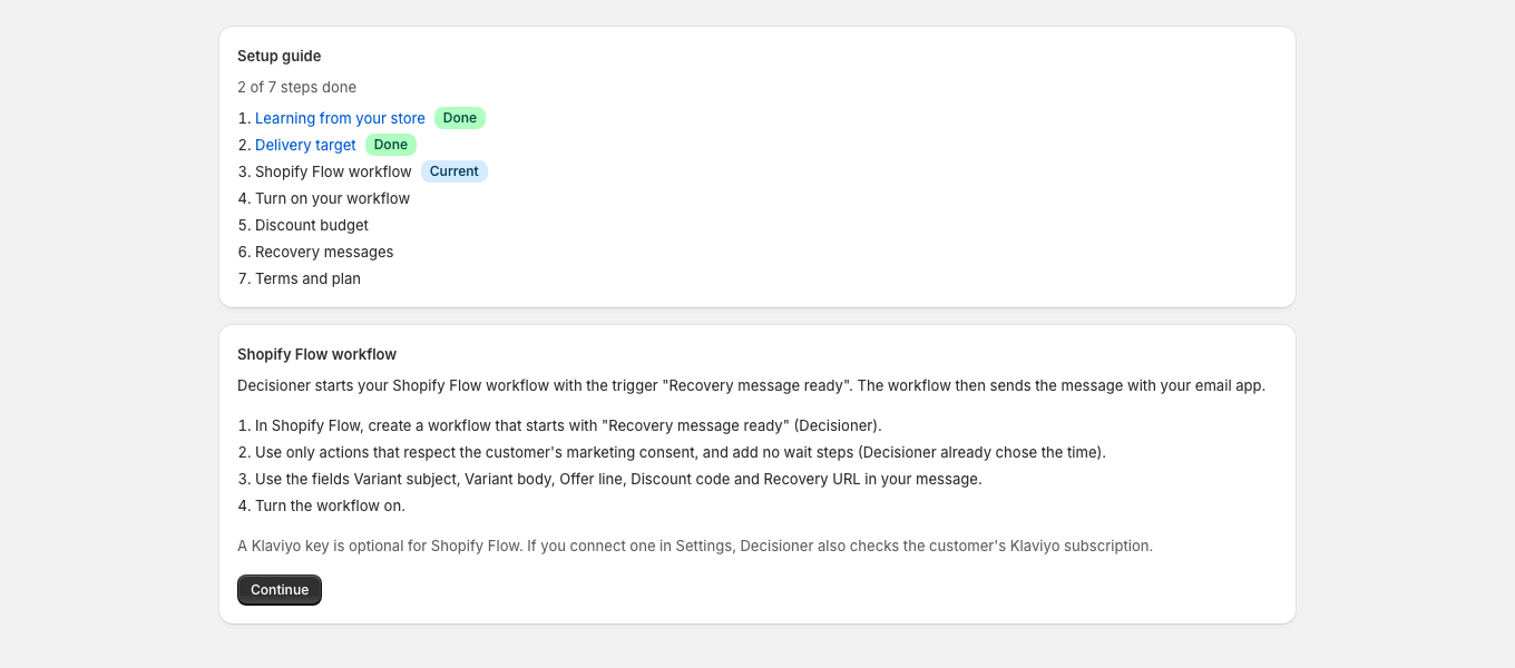 On the Shopify Flow path, the guide explains how to build a workflow that starts with the Recovery message ready trigger.