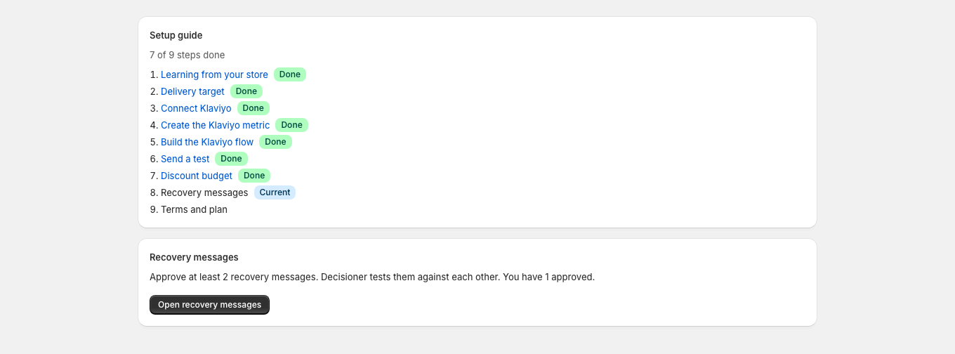 The guide asks the merchant to approve at least two recovery messages and links to the message editor.
