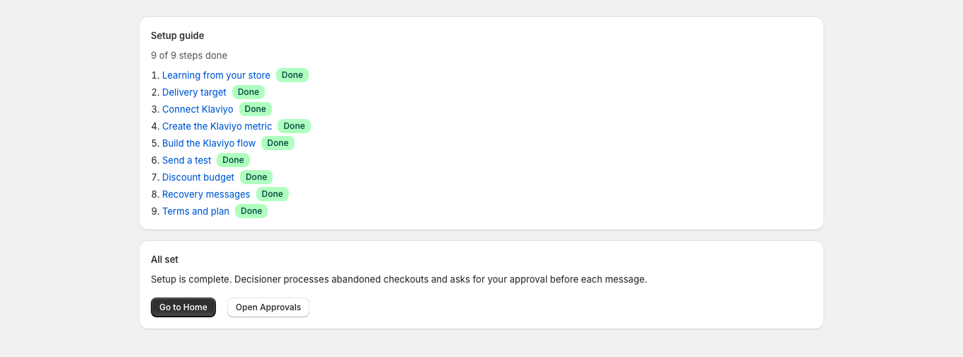 When setup is complete, all nine steps are marked done and the merchant can go to Home or open Approvals.