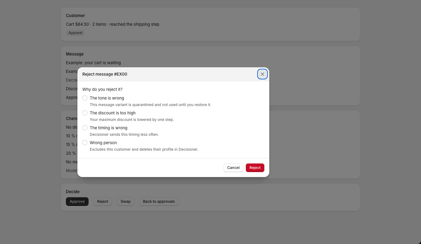 The Reject dialog asks why the message is rejected and explains what each reason changes.