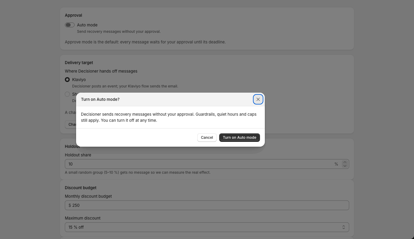 Turning on auto mode asks for confirmation and explains that guardrails, quiet hours and caps still apply.