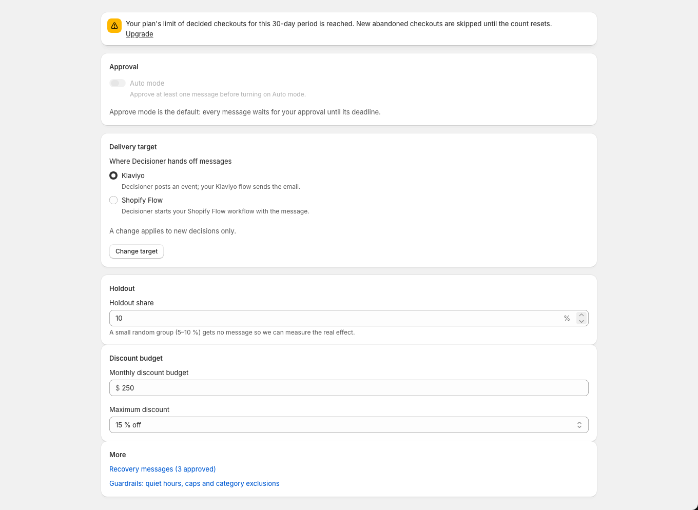 When the plan limit is reached, the checkout recovery page shows a banner with an Upgrade link.