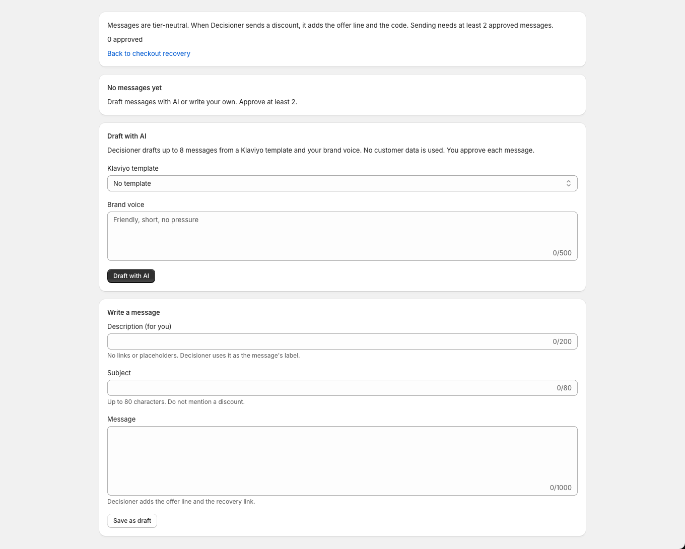 With no messages yet, the merchant can draft messages with AI from a Klaviyo template and brand voice, or write their own.