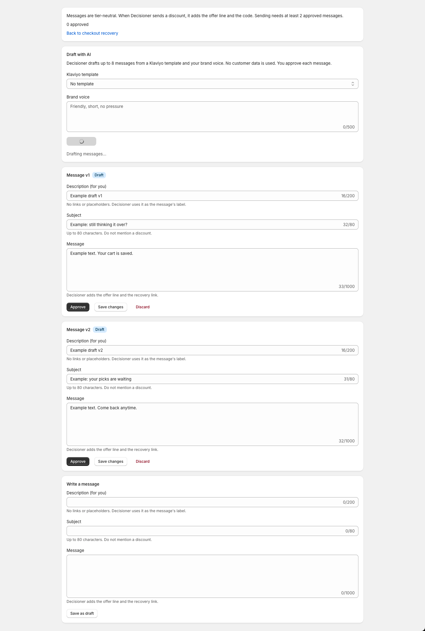 While AI drafting runs, a progress indicator shows and draft cards appear for review.