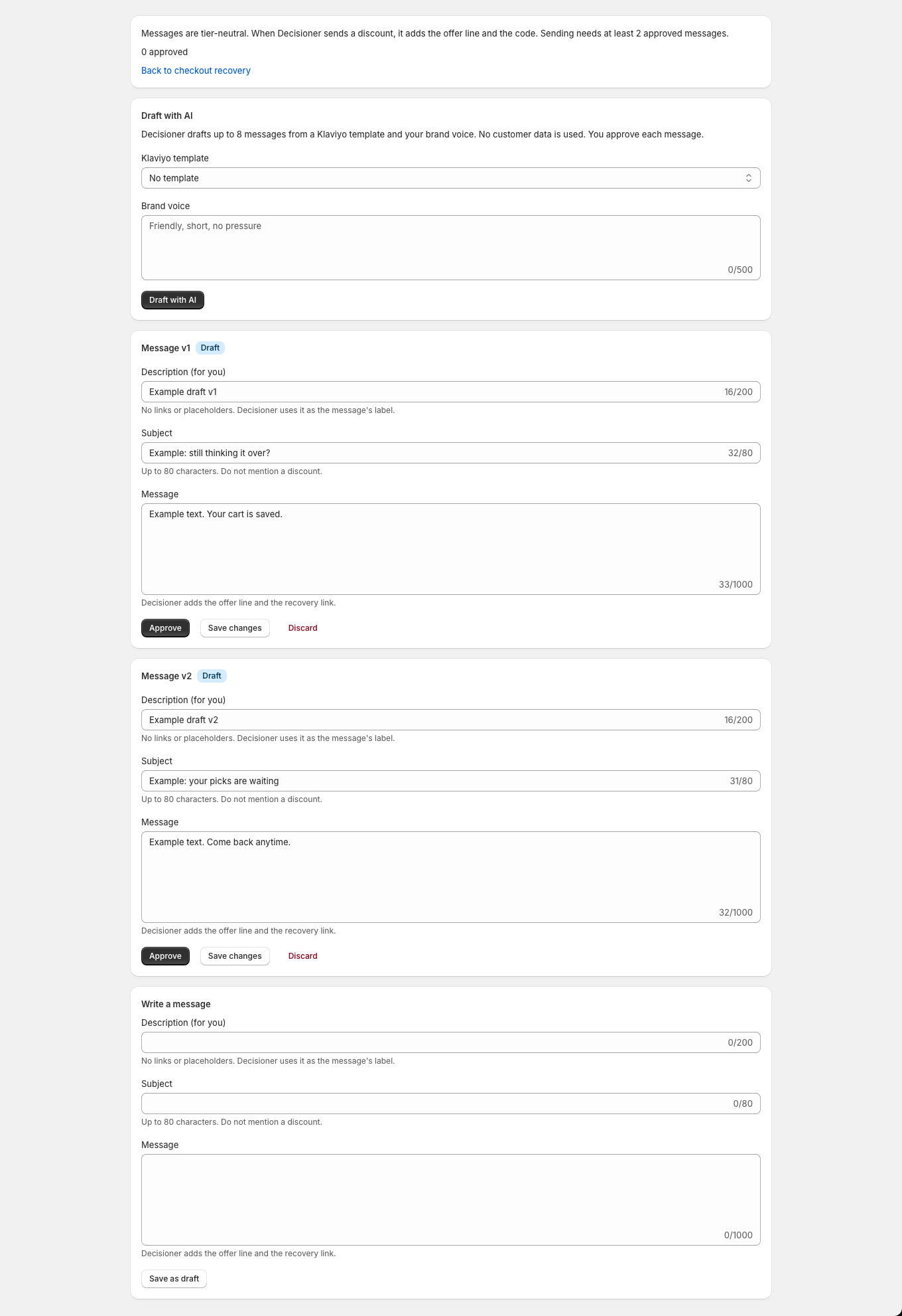 AI drafts appear as editable cards that the merchant can approve, save or discard.