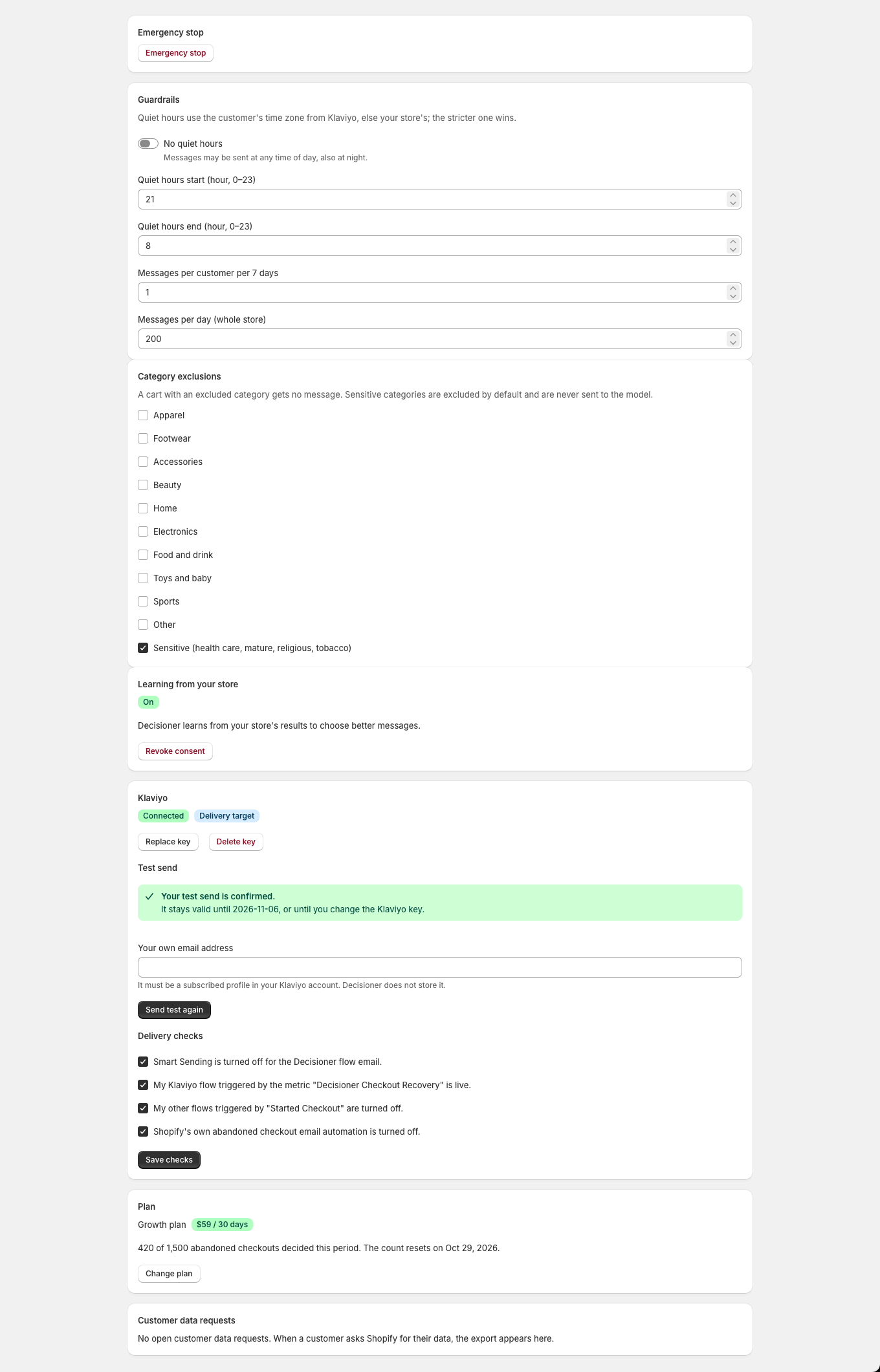 On a paid plan, the Plan section in Settings shows the plan name, its price and usage, and a Change plan button.