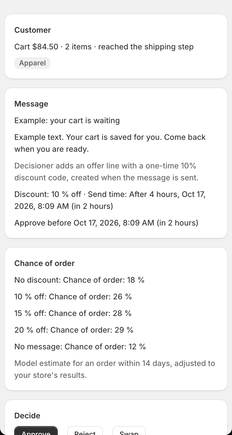 On a phone, the approval detail shows the cart, message and decision buttons in one column.